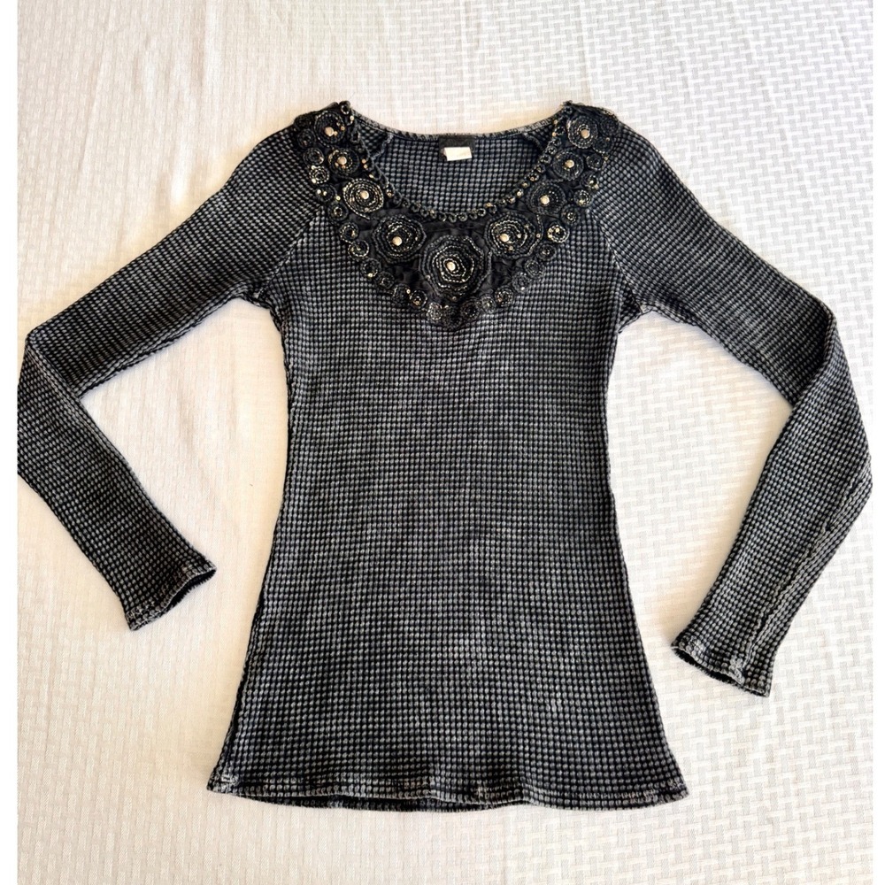 Daytrip Y2K Grunge Fairycore Embellished Waffle Knit Thermal Top Gray Medium